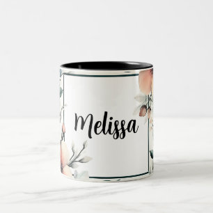 Caneca De Café Em Dois Tons Moldura Floral Personalizada, design Aquarela