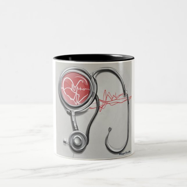 Caneca De Café Em Dois Tons Momentos de pulsação: Stethoscope e Heartbeat Mug (Centro)