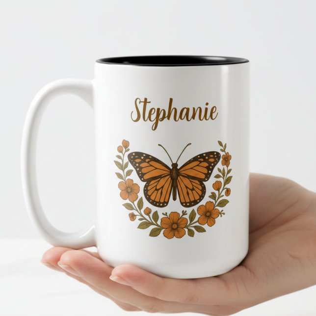 Caneca De Café Em Dois Tons Monarch Butterfly Floral Mug (Personalized monarch butterfly floral coffee mug)