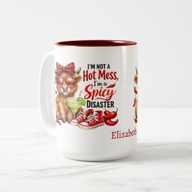 Caneca De Café Em Dois Tons Monogram Highland Cow Hot Mess Funny Humorous  (Frente Esquerda)