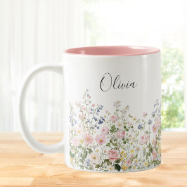 Caneca De Café Em Dois Tons Monogram Watercolor Pink Blue Flowers Floral