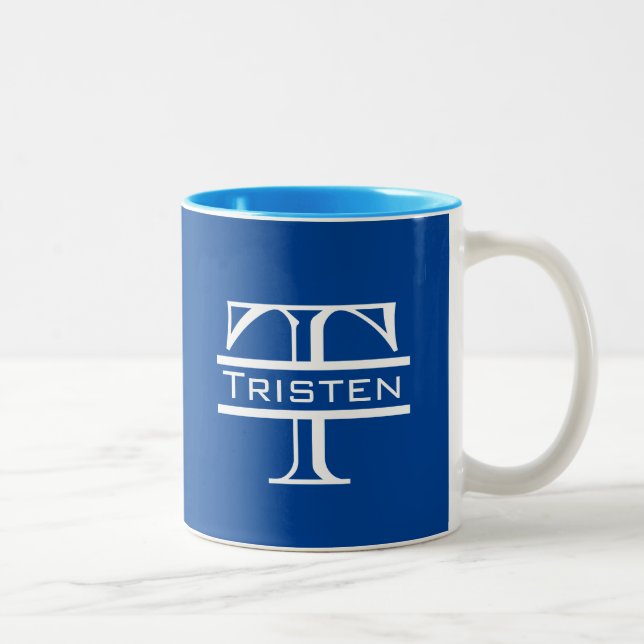 Caneca De Café Em Dois Tons Monograma Branco Clássico Azul (Direita)