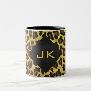 Caneca De Café Em Dois Tons Monograma com Leopardo Castanho e Amarelo