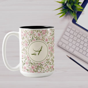 Caneca De Café Em Dois Tons Monograma com Padrão Floral em Aquarela