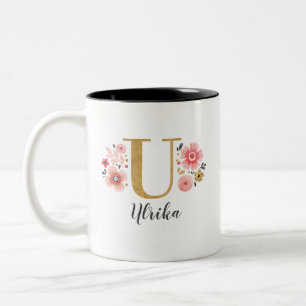 Caneca De Café Em Dois Tons Monograma cor-de-rosa - Letra inicial floral U