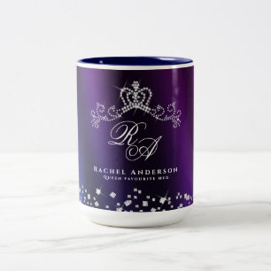 Caneca De Café Em Dois Tons Monograma Coroa com Brilho Azul Roxo