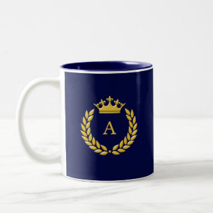 Caneca De Café Em Dois Tons Monograma & Coroa Dourada & Louro em Azul-Navy