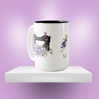 Caneca De Café Em Dois Tons Monograma da Máquina de Serradura Floral Purple