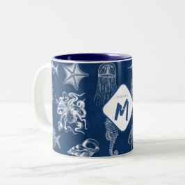 Caneca De Café Em Dois Tons Monograma de Animais Marinhos do Oceano Azul marin