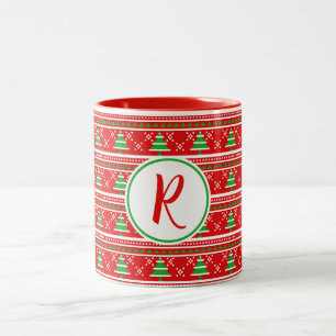 Caneca De Café Em Dois Tons Monograma de Árvores de Natal Verdes Vermelhas