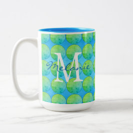 Caneca De Café Em Dois Tons Monograma de Bolinhas Verde Azul