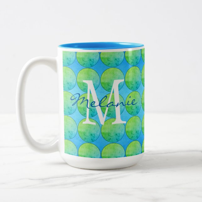 Caneca De Café Em Dois Tons Monograma de Bolinhas Verde Azul (Esquerda)