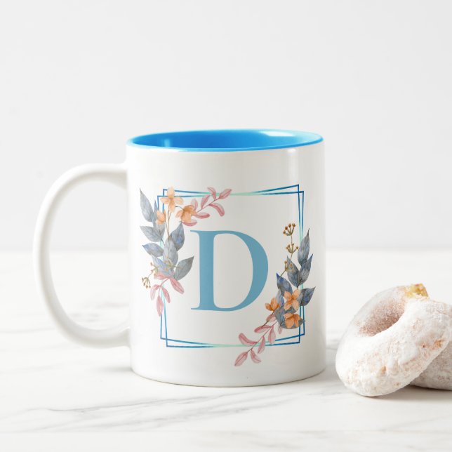 Caneca De Café Em Dois Tons Monograma de Borda Floral Quadrada Personalizada (Com Donut)