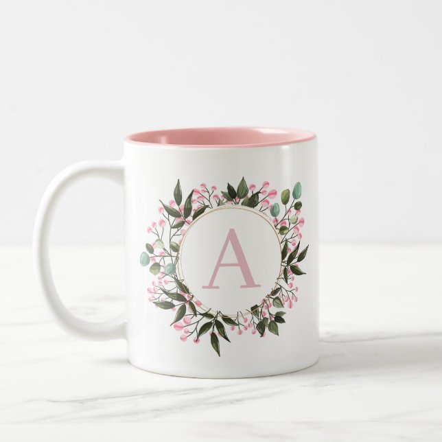 Caneca De Café Em Dois Tons Monograma de Círculo Floral Rosa Editável Inicial (Esquerda)