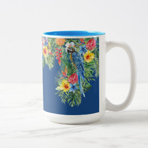 Caneca De Café Em Dois Tons Monograma de cor azul de papagaio tropical