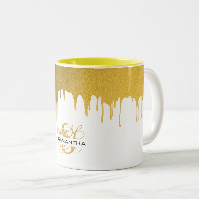 Caneca De Café Em Dois Tons Monograma de Drives Metálicos Dourados Trendy (Frente Esquerda)