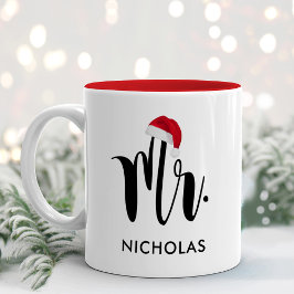 Caneca De Café Em Dois Tons Monograma de Férias Personalizadas do Red Santa Ha
