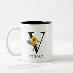 Caneca De Café Em Dois Tons Monograma de Floral Personalizado Alfabeto V