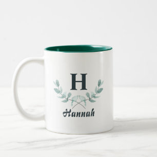 Caneca De Café Em Dois Tons Monograma de Folha de Eucalipto Verde Caçador
