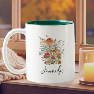 Caneca De Café Em Dois Tons Monograma de Folhas de Samambaia de Cogumelo Vinta