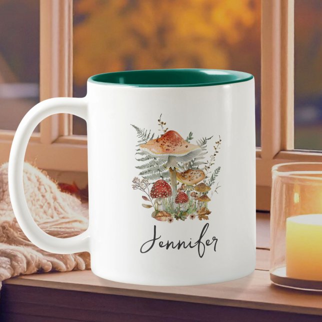 Caneca De Café Em Dois Tons Monograma de Folhas de Samambaia de Cogumelo Vinta (Criador carregado)