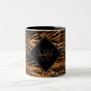 Caneca De Café Em Dois Tons Monograma de letra cursiva com brilho de cobre mod
