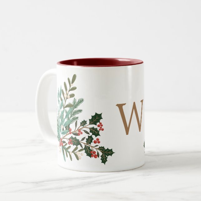Caneca De Café Em Dois Tons Monograma de Natal Elegante de Encantação Clássica (Frente Esquerda)