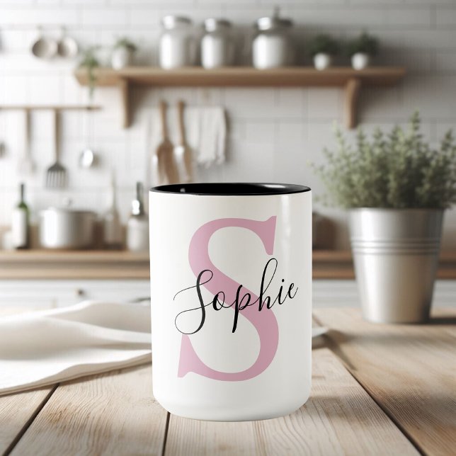 Caneca De Café Em Dois Tons Monograma de Nome Personalizado Moderno - Rosa (Criador carregado)