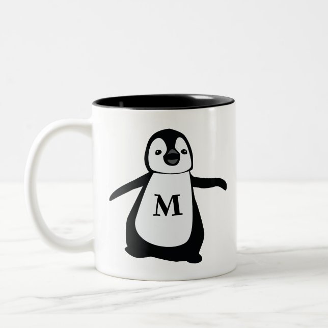 Caneca De Café Em Dois Tons Monograma de pinguim bonito personalizado (Esquerda)