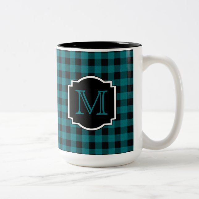 Caneca De Café Em Dois Tons Monograma de Xadrez Teal e Preta (Direita)