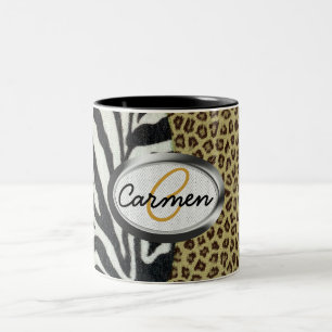 Caneca De Café Em Dois Tons Monograma do impressão do leopardo e da zebra do