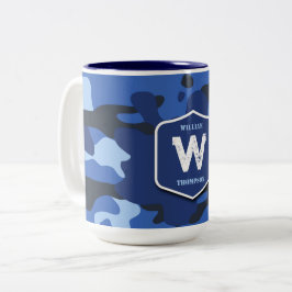 Caneca De Café Em Dois Tons Monograma do Padrão do Exército Azul Camo