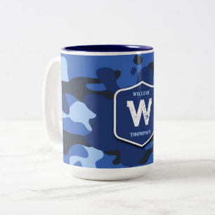 Caneca De Café Em Dois Tons Monograma do Padrão do Exército Azul Camo