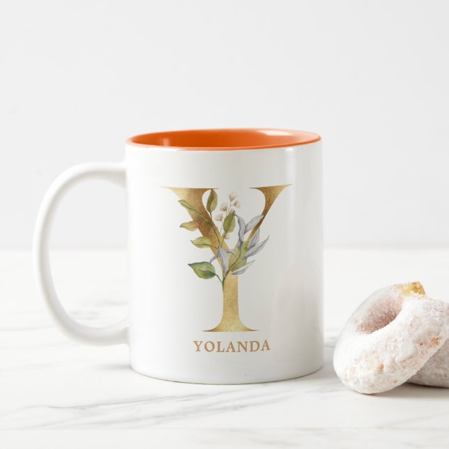 Caneca De Café Em Dois Tons Monograma Dourado alfabético Y | Folhagem Folha (Com Donut)