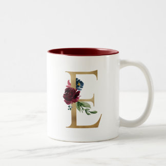 Caneca De Café Em Dois Tons Monograma Dourado com Blush Floral Burgundy Person