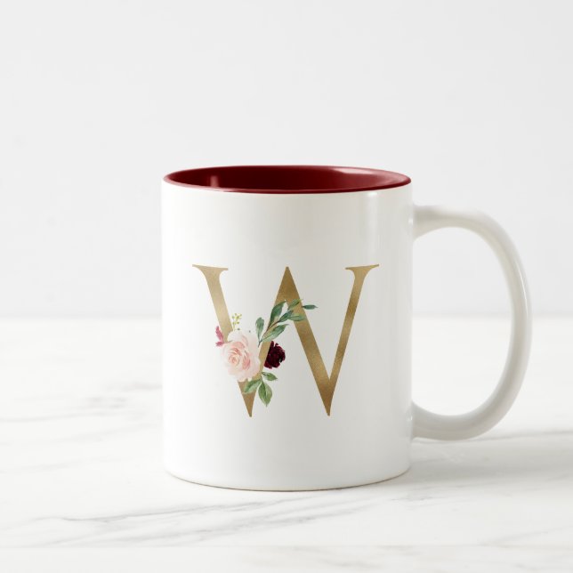 Caneca De Café Em Dois Tons Monograma Dourado com Blush Floral Burgundy Person (Direita)