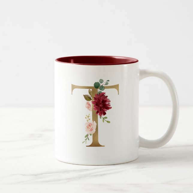Caneca De Café Em Dois Tons Monograma Dourado com Blush Floral Burgundy Person (Direita)