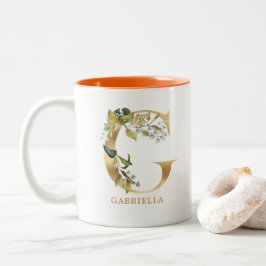 Caneca De Café Em Dois Tons Monograma Dourado do alfabeto G | Folhagem Folha