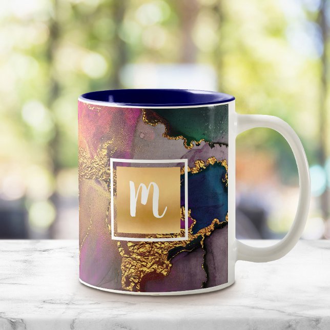 Caneca De Café Em Dois Tons Monograma dourado dourado verde roxo azul (Criador carregado)