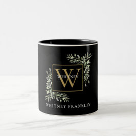 Caneca De Café Em Dois Tons Monograma Dourado Elegante Eucalyptus Greenery