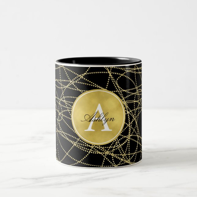 Caneca De Café Em Dois Tons Monograma Dourado Glitzy Black Abstrato (Centro)
