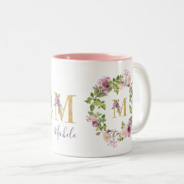 Caneca De Café Em Dois Tons Monograma Dourado moderno M Watercolor Wreath Flor