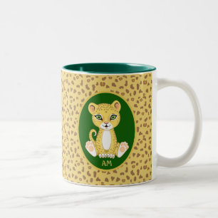 Caneca De Café Em Dois Tons Monograma e Leopardo em Verde Marrom e Bege Dourad