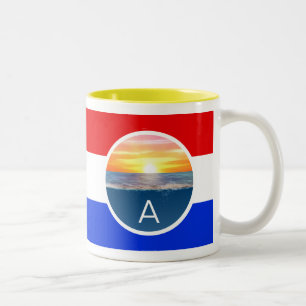 Caneca De Café Em Dois Tons Monograma e Nascer do Oceano com Listras
