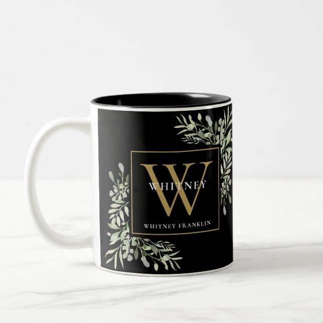 Caneca De Café Em Dois Tons Monograma Elegante Preto Dourado Personalizado de  (Esquerda)