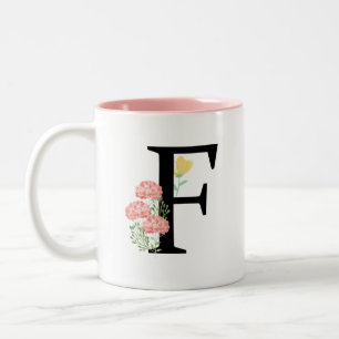 Caneca De Café Em Dois Tons Monograma F Spray Floral Aquarela Moderno Chic