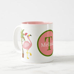 Caneca De Café Em Dois Tons monograma festivo de flamingo cor-de-rosa