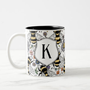 Caneca De Café Em Dois Tons Monograma Floral Abelha Bumble
