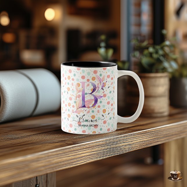 Caneca De Café Em Dois Tons Monograma Floral Abstrato Personalizado - B (Criador carregado)