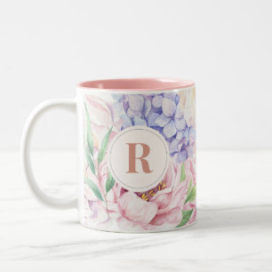 Caneca De Café Em Dois Tons Monograma Floral Elegante
